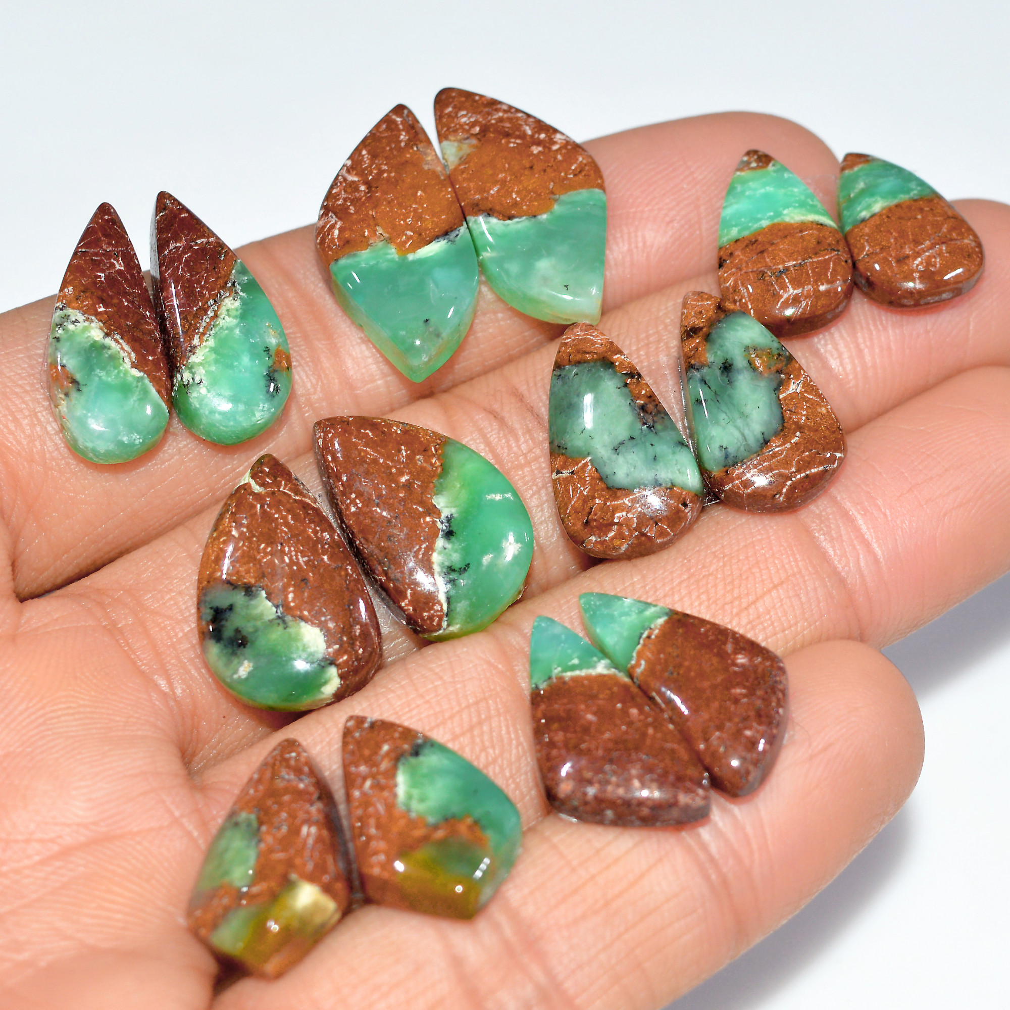 7 Pairs 122 Cts Natural Chrysoprase Cabochon Semi-Precious Healing Gemstone Matched Earrings Making Pairs Lot 24x10 15x9mm 17472