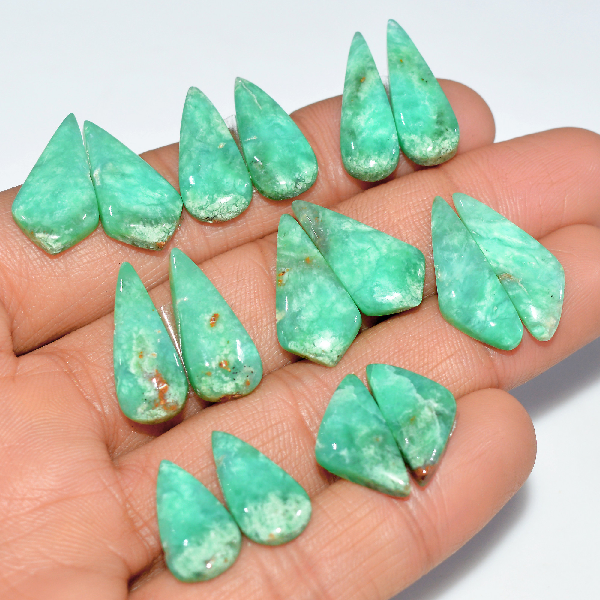 8 Pairs 104 Cts Natural Chrysoprase Cabochon Semi-Precious Healing Gemstone Matched Earrings Making Pairs Lot 21x6 16x9mm 17476