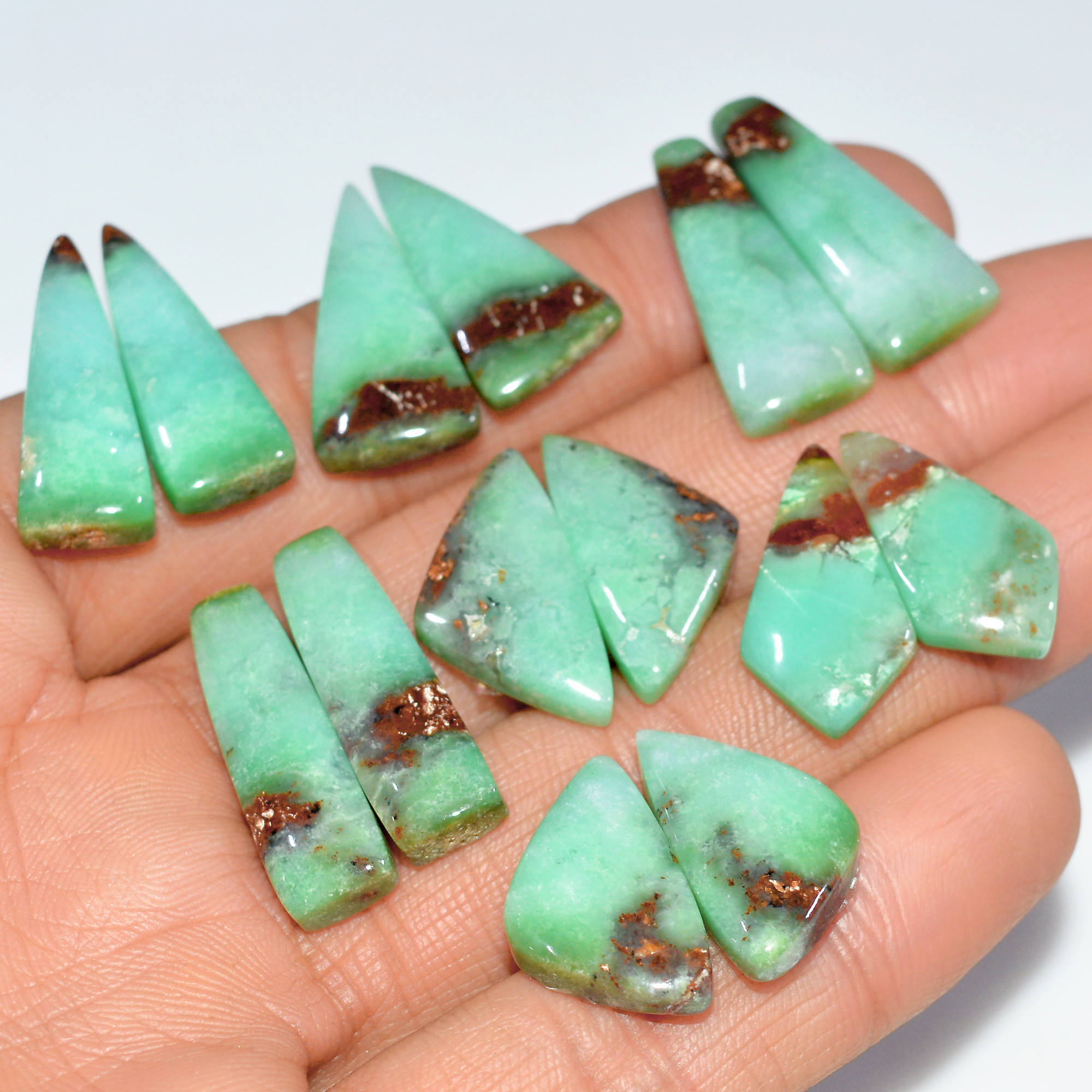 7 Pairs 138 Cts Natural Chrysoprase Cabochon Semi-Precious Healing Gemstone Matched Earrings Making Pairs Lot 25x5 20x10mm 17478