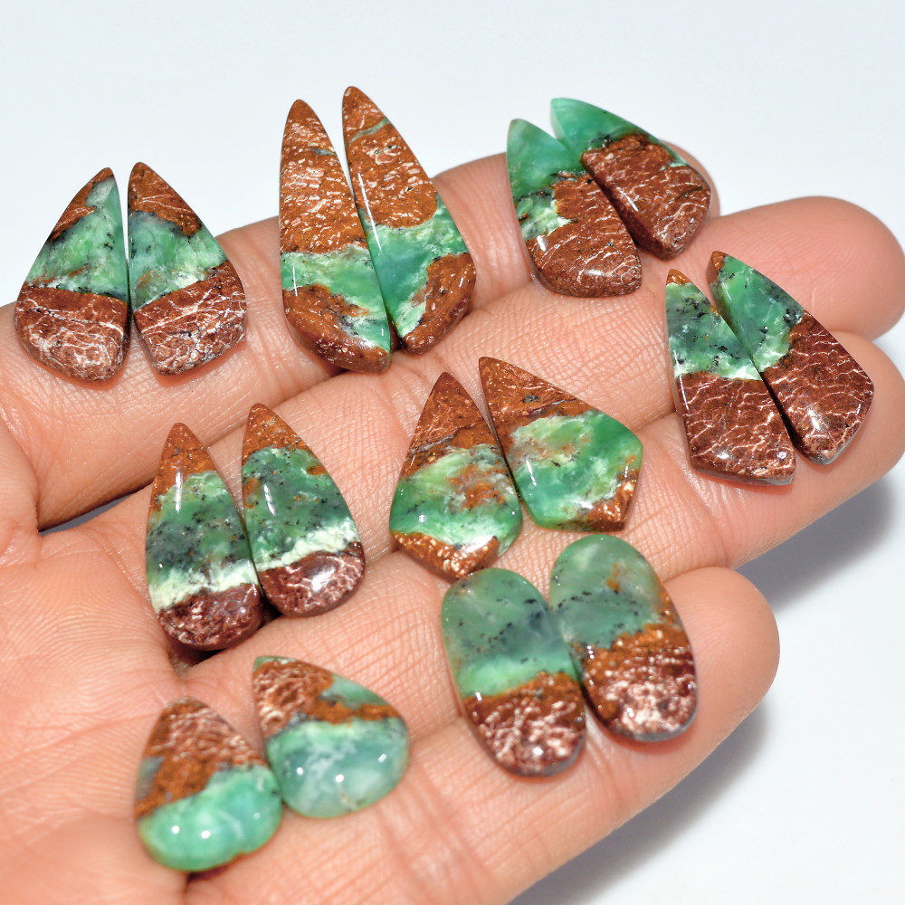 Image of 8 Pairs 145 Cts Natural Chrysoprase Cabochon Semi-Precious Healing Gemstone Matched Earrings Making Pairs Lot 29x8 15x10mm #17479