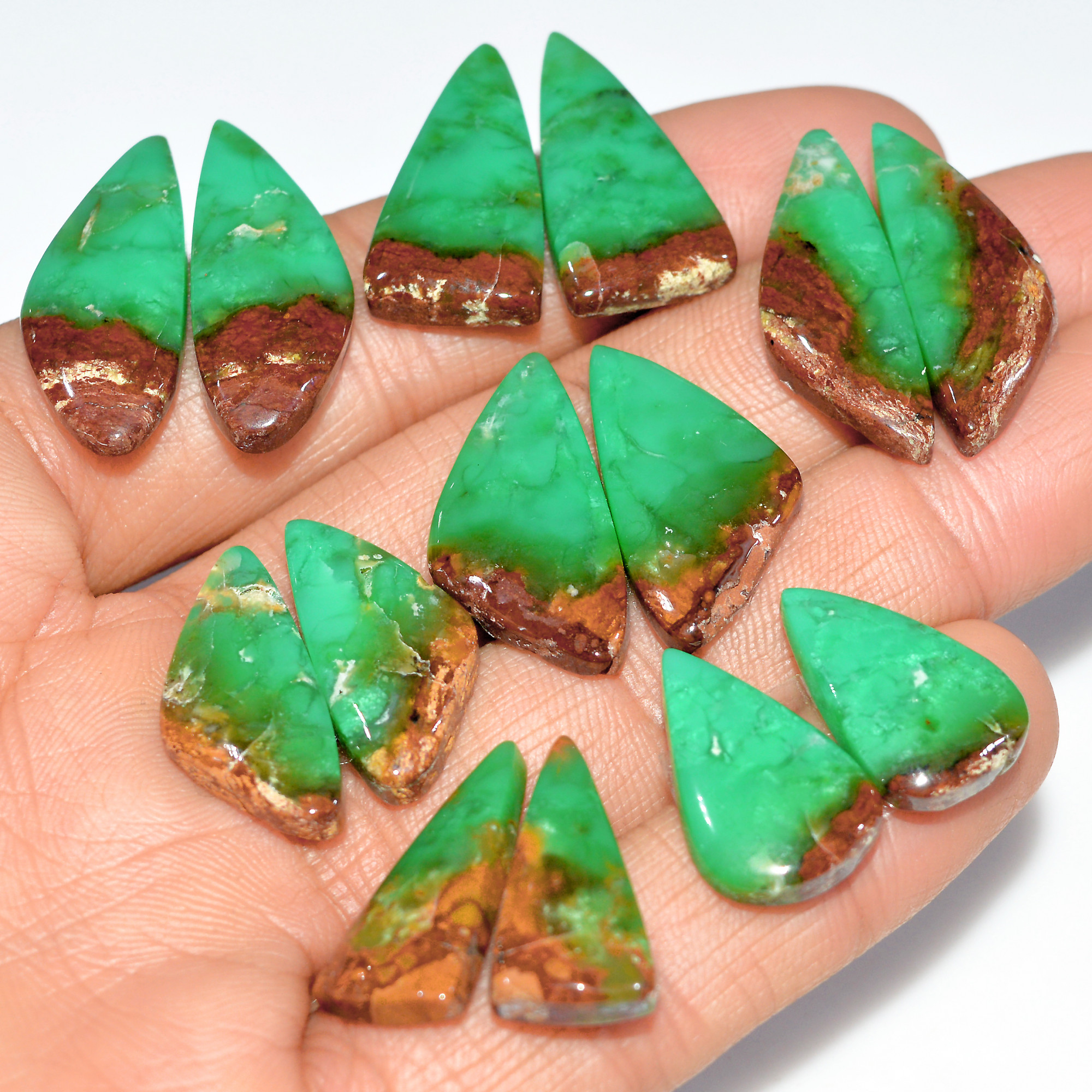 7 Pairs 158 Cts Natural Chrysoprase Cabochon Semi-Precious Healing Gemstone Matched Earrings Making Pairs Lot 29x9 19x10mm 17480