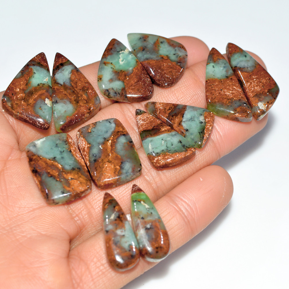 Image of 6 Pairs 188 Cts Natural Chrysoprase Cabochon Semi-Precious Healing Gemstone Matched Earrings Making Pairs Lot 29x10 23x9mm #17482