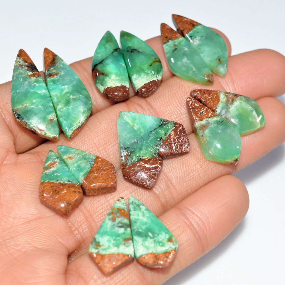 Image of 7 Pairs 139 Cts Natural Chrysoprase Cabochon Semi-Precious Healing Gemstone Matched Earrings Making Pairs Lot 29x10 20x10mm #17484