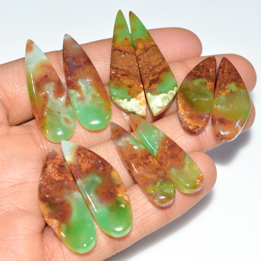 Image of 5 Pairs 177 Cts  Natural Chrysoprase Cabochon Gemstone Pairs Lot Dangle Drop Silver Earrings Matched Gemstone Pairs 42x10 30x10mm #17487
