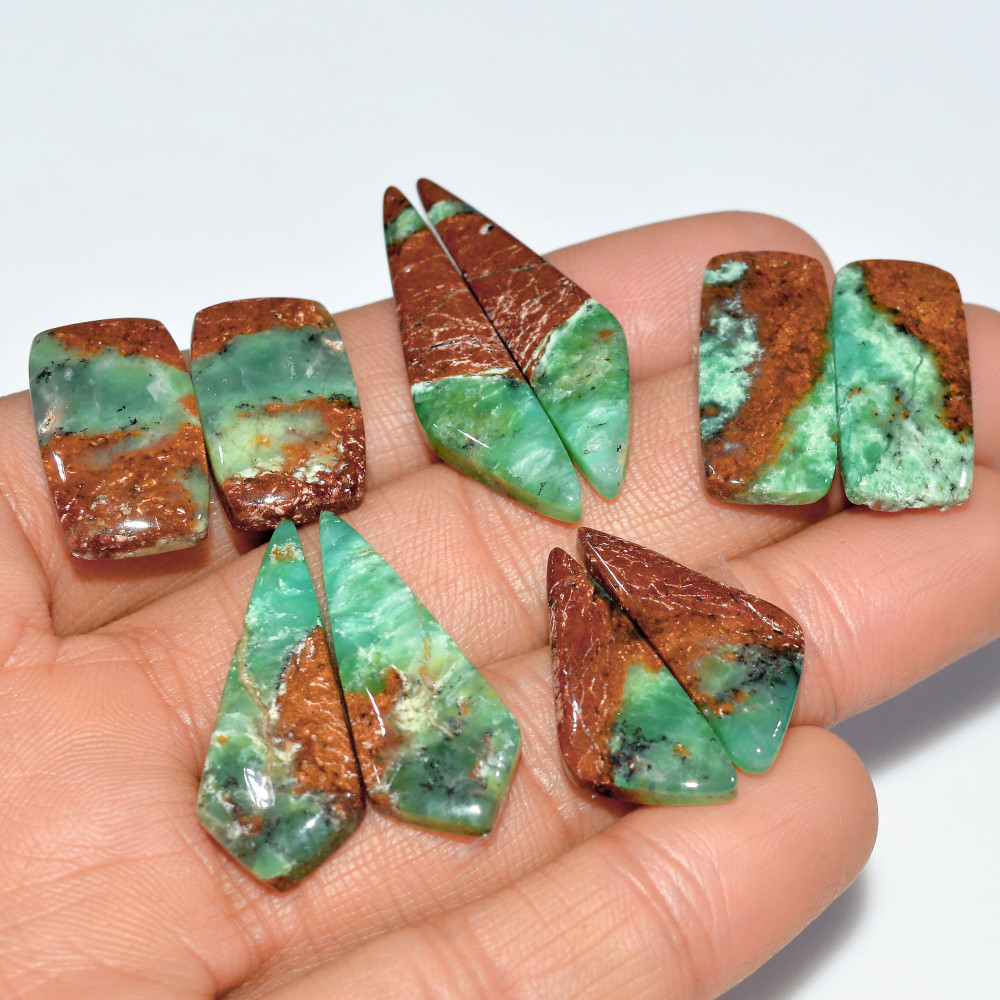 Image of 5 Pairs 127 Cts  Natural Chrysoprase Cabochon Gemstone Pairs Lot Dangle Drop Silver Earrings Matched Gemstone Pairs 37x8 20x10mm #17492