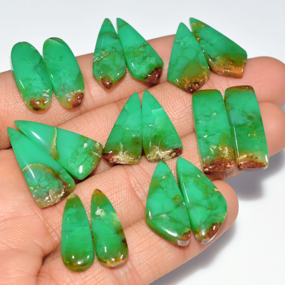 Image of 8 Pairs 156 Cts  Natural Chrysoprase Cabochon Gemstone Pairs Lot Dangle Drop Silver Earrings Matched Gemstone Pairs 25x10 20x10mm #17493