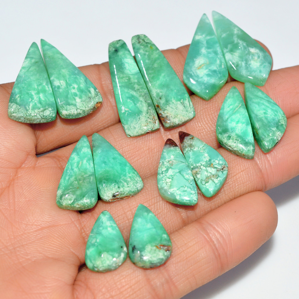 Image of 7 Pairs 136 Cts  Natural Chrysoprase Cabochon Gemstone Pairs Lot Dangle Drop Silver Earrings Matched Gemstone Pairs 30x9 19x9mm #17497