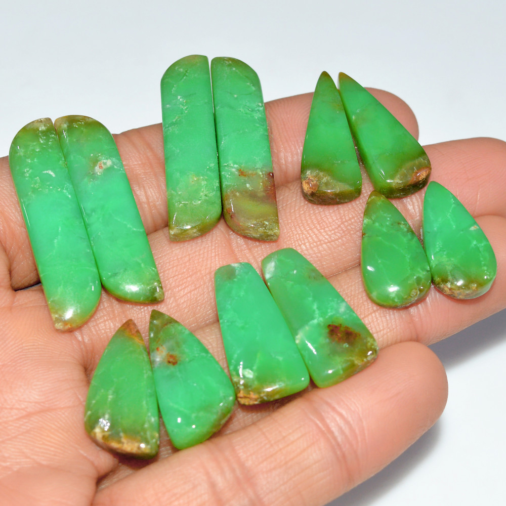 Image of 6 Pairs 143 Cts  Natural Chrysoprase Cabochon Gemstone Pairs Lot Dangle Drop Silver Earrings Matched Gemstone Pairs 33x7 20x10mm #17504