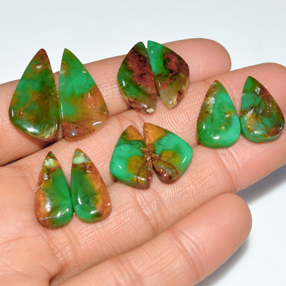 Image of 5 Pairs 95 Cts  Natural Chrysoprase Cabochon Gemstone Pairs Lot Dangle Drop Silver Earrings Matched Gemstone Pairs 26x11 19x10mm #17507