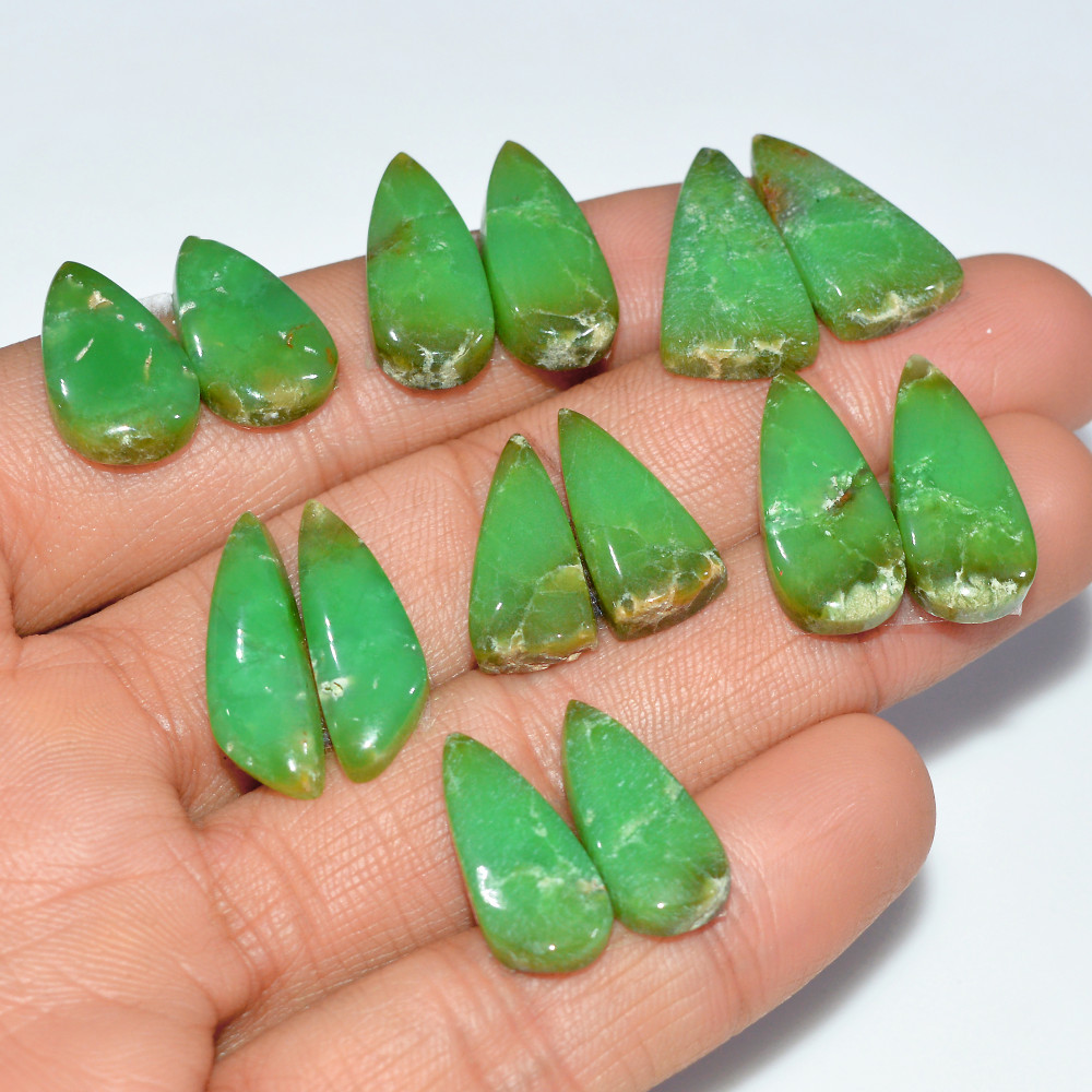 Image of 7 Pairs 108 Cts  Natural Chrysoprase Cabochon Gemstone Pairs Lot Dangle Drop Silver Earrings Matched Gemstone Pairs 21x10 15x10mm #17508