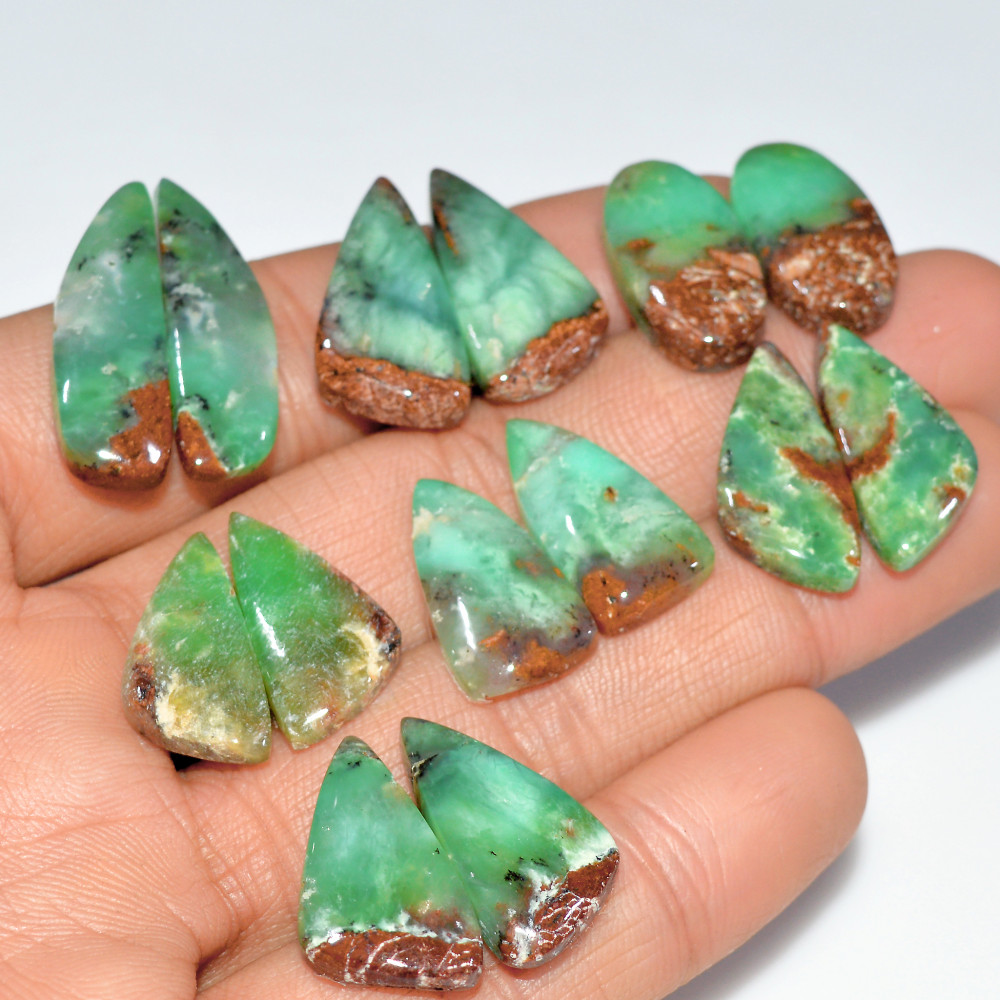 Image of 7 Pairs 137 Cts  Natural Chrysoprase Cabochon Gemstone Pairs Lot Dangle Drop Silver Earrings Matched Gemstone Pairs 25x8 19x10mm #17510