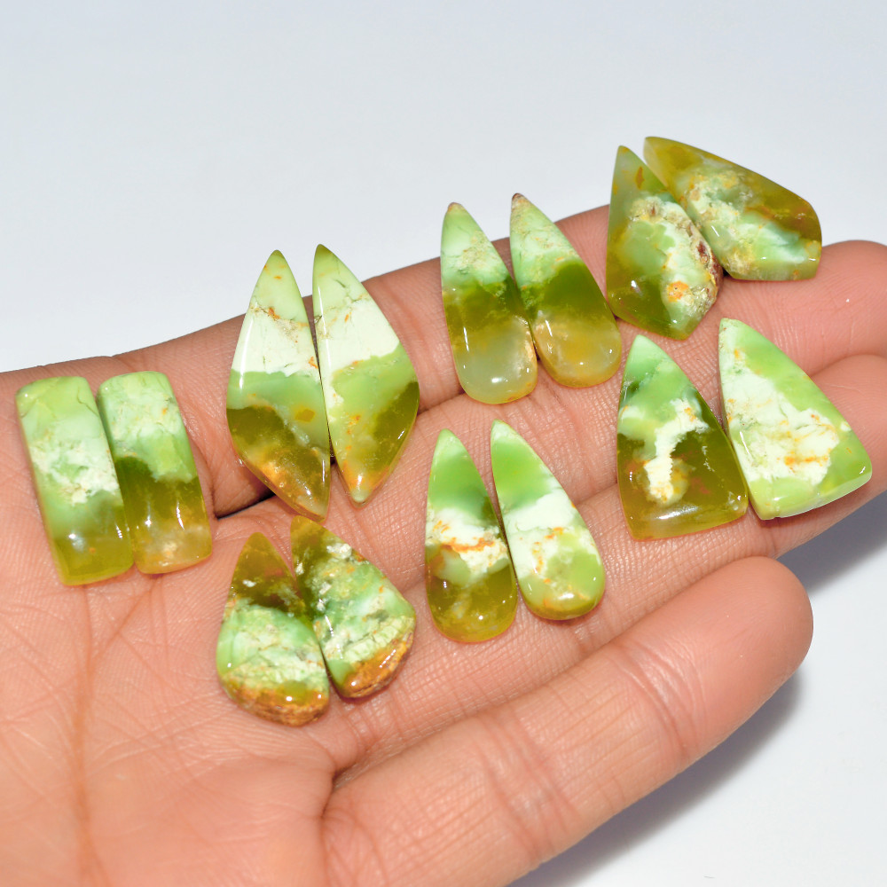 Image of 7 Pairs 170 Cts  Natural Chrysoprase Cabochon Gemstone Pairs Lot Dangle Drop Silver Earrings Matched Gemstone Pairs 30x10 20x5mm #17511