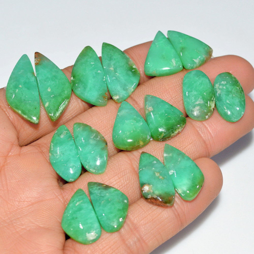 Image of 8 Pairs 137 Cts  Natural Chrysoprase Cabochon Loose Gemstone Lot Mixed Shapes Sizes Healing Crystal For Jewelry Making 25x9 15x10mm #17512