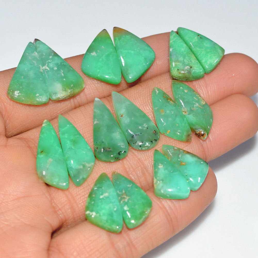 Image of 8 Pairs 122 Cts  Natural Chrysoprase Cabochon Loose Gemstone Lot Mixed Shapes Sizes Healing Crystal For Jewelry Making 22x10 15x9mm #17513