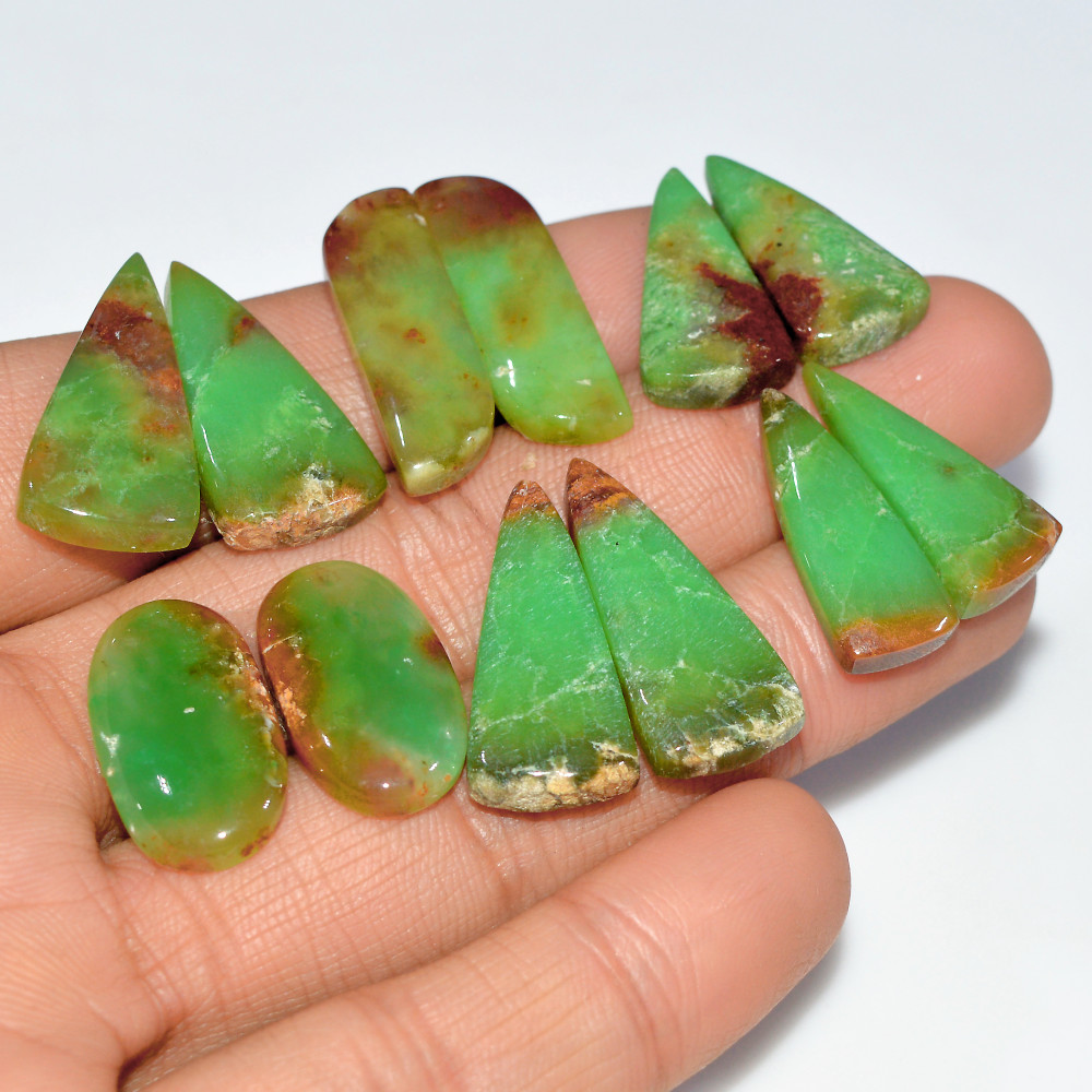 Image of 6 Pairs 122 Cts  Natural Chrysoprase Cabochon Loose Gemstone Lot Mixed Shapes Sizes Healing Crystal For Jewelry Making 25x10 20x10mm #17514
