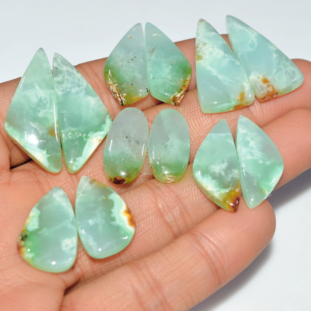 Image of 6 Pairs 157 Cts  Natural Chrysoprase Cabochon Loose Gemstone Lot Mixed Shapes Sizes Healing Crystal For Jewelry Making 31x11 19x10mm #17515