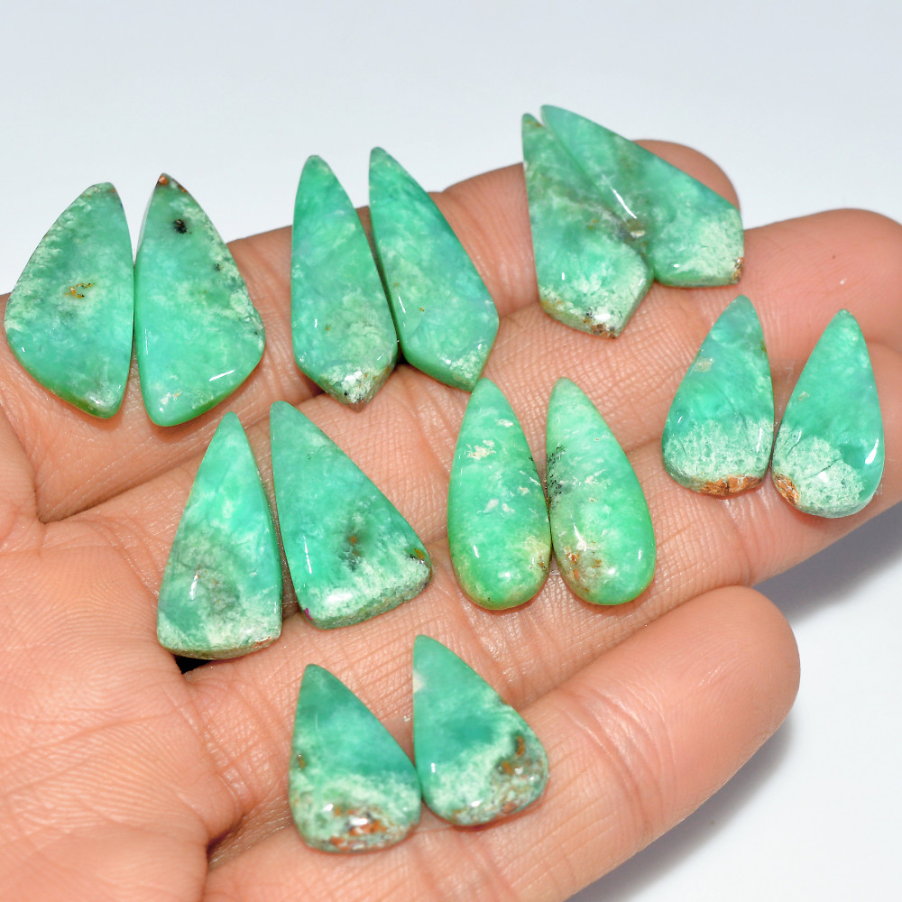 Image of 7 Pairs 118 Cts Natural Chrysoprase Cabochon Loose Gemstone Lot Mixed Shapes Sizes Healing Crystal For Jewelry Making 25x10 19x10mm #17516