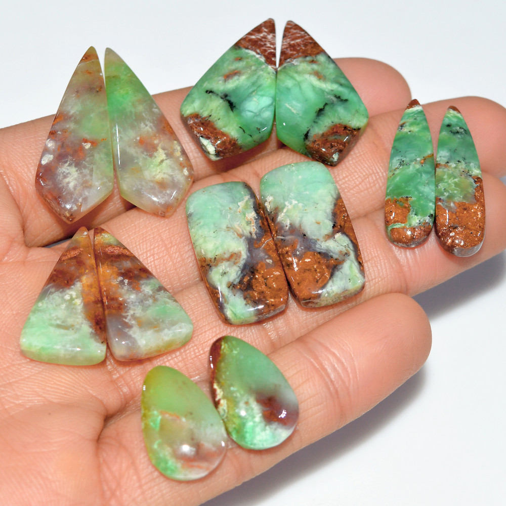 Image of 6 Pairs 171 Cts Natural Chrysoprase Cabochon Loose Gemstone Lot Mixed Shapes Sizes Healing Crystal For Jewelry Making 31x11 16x10mm #17518