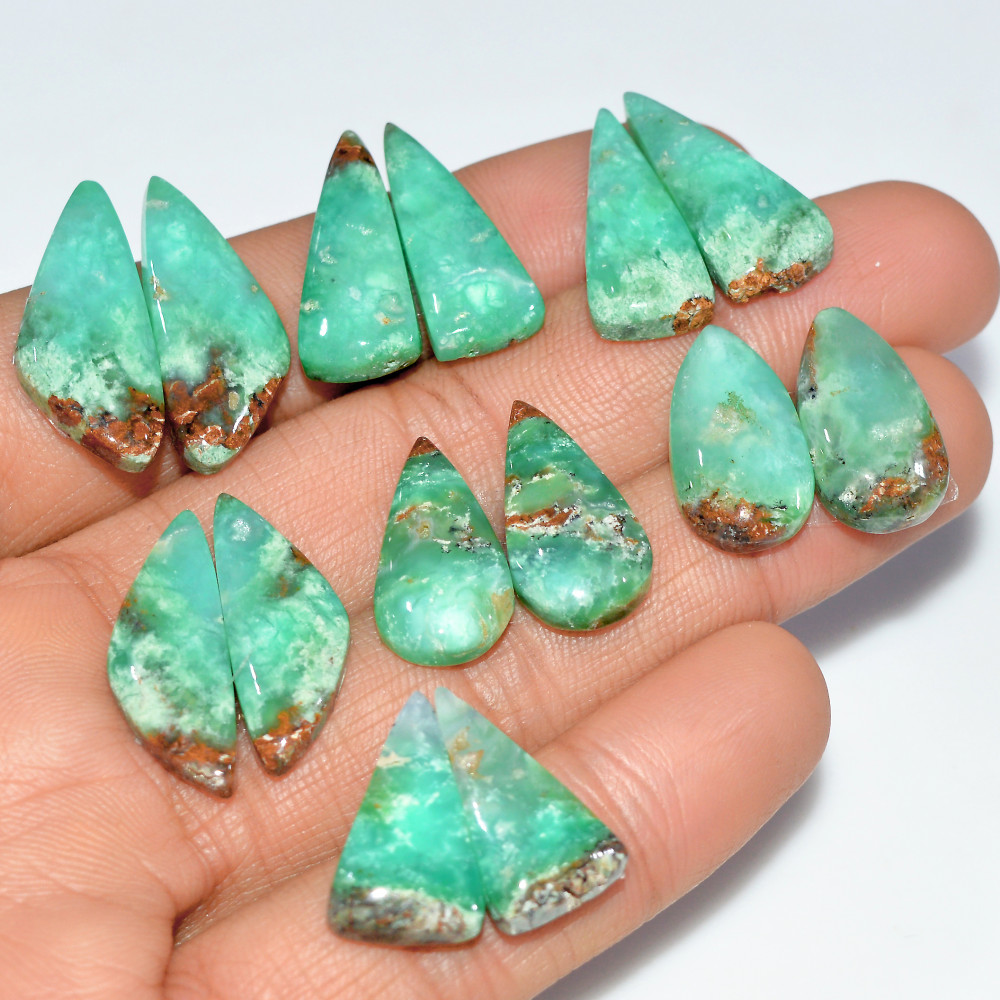 Image of 7 Pairs 131 Cts Natural Chrysoprase Cabochon Loose Gemstone Lot Mixed Shapes Sizes Healing Crystal For Jewelry Making 25x10 19x10mm #17521
