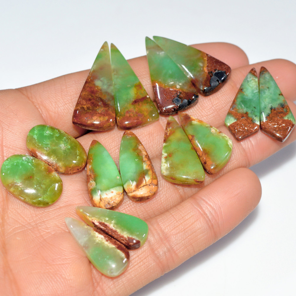 Image of 7 Pairs 169 Cts Natural Chrysoprase Cabochon Loose Gemstone Lot Mixed Shapes Sizes Healing Crystal For Jewelry Making 30x11 19x11mm #17524