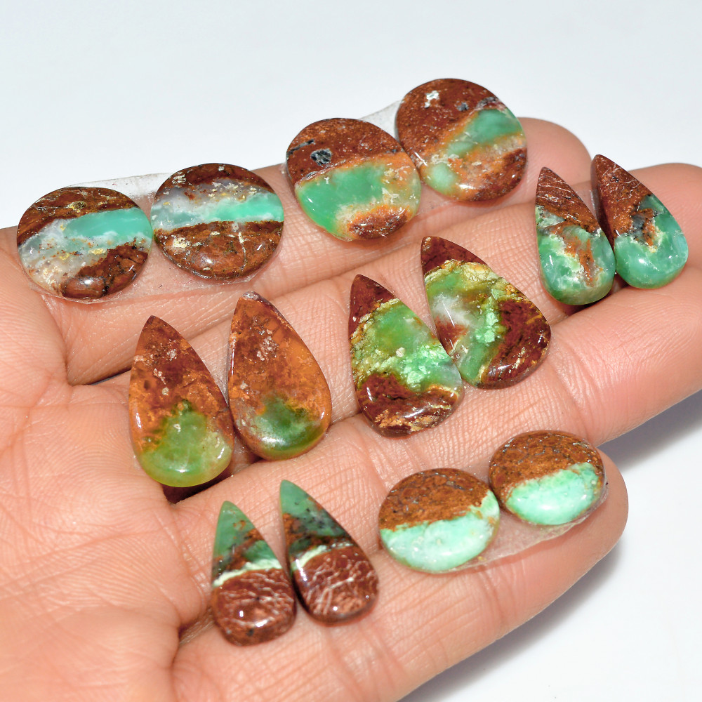 Image of 7 Pairs 120 Cts Natural Chrysoprase Cabochon Loose Gemstone Lot Mixed Shapes Sizes Healing Crystal For Jewelry Making 19x14 13x13mm #17526
