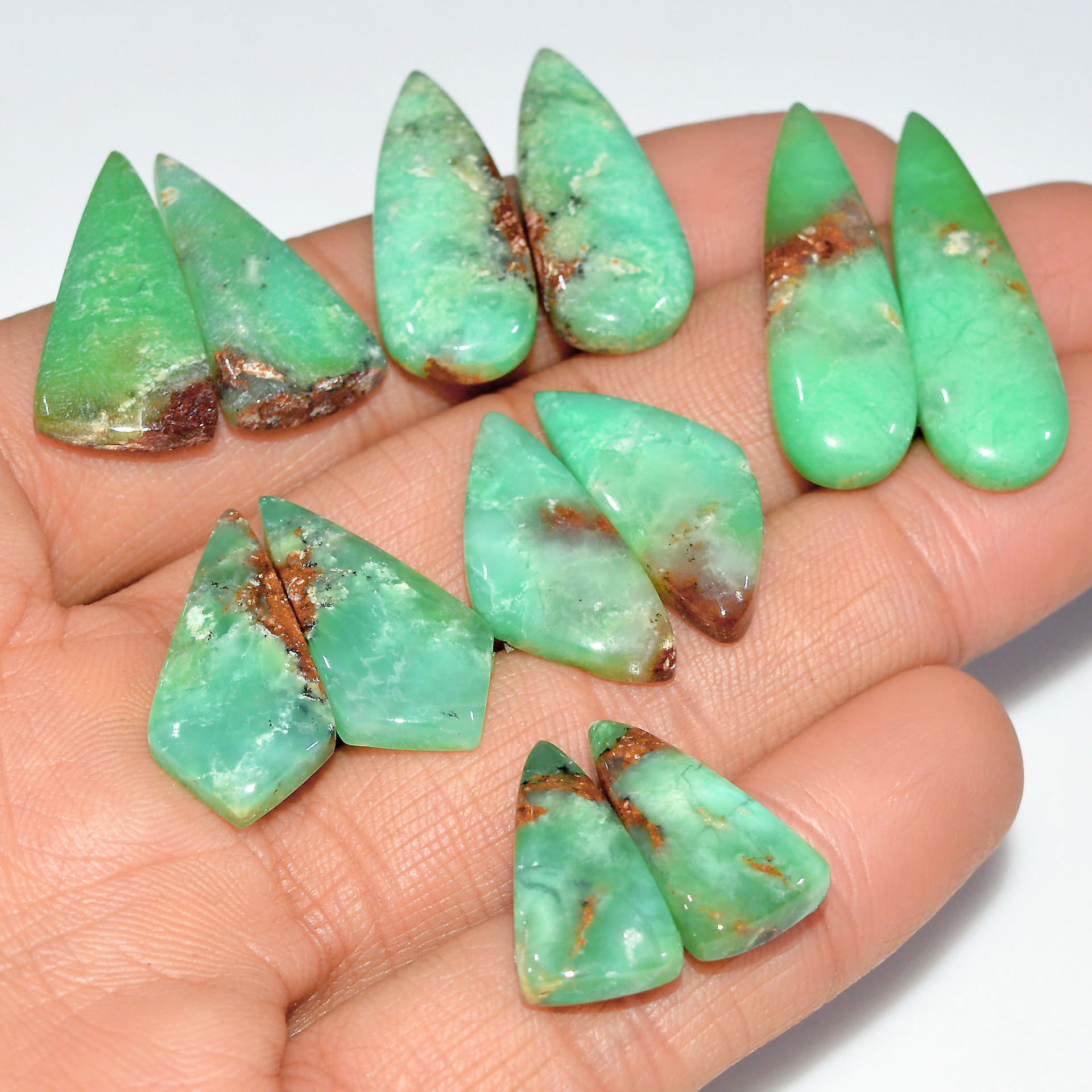 6 Pairs 126 Cts Natural Chrysoprase Cabochon Loose Gemstone Lot Mixed Shapes Sizes Healing Crystal For Jewelry Making 30x10 19x9mm 17527
