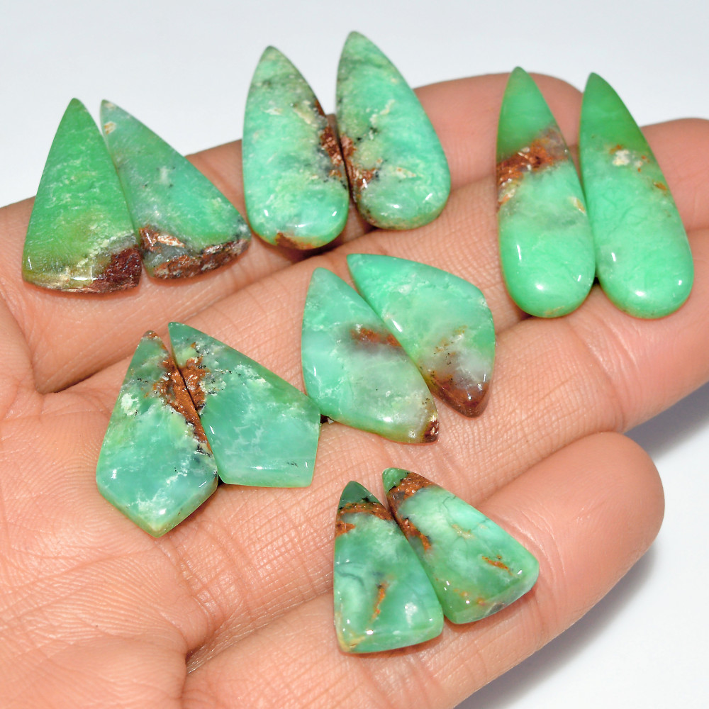 Image of 6 Pairs 126 Cts Natural Chrysoprase Cabochon Loose Gemstone Lot Mixed Shapes Sizes Healing Crystal For Jewelry Making 30x10 19x9mm #17527