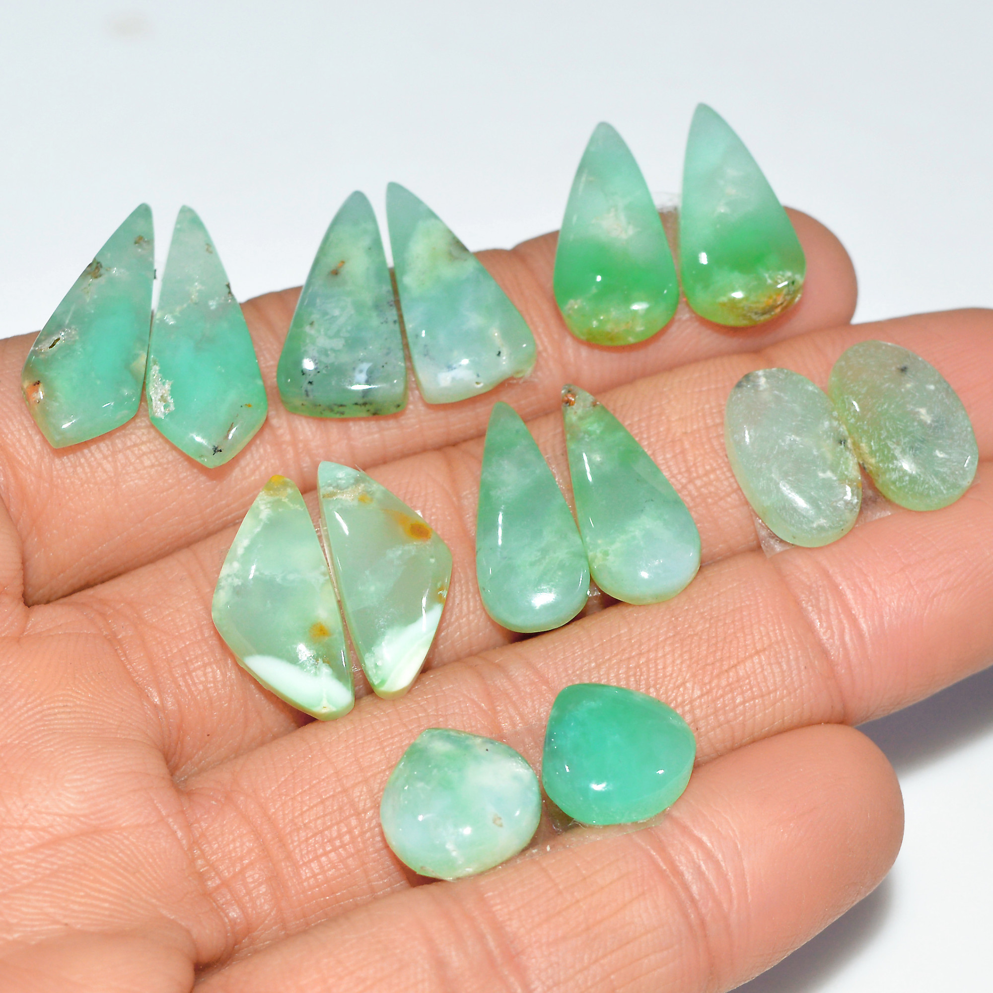 7 Pairs 93 Cts Natural Chrysoprase Cabochon Loose Gemstone Lot Mixed Shapes Sizes Healing Crystal For Jewelry Making 24x9 10x10mm 17528