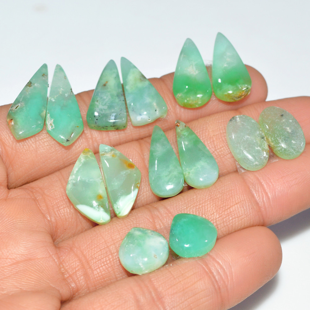 Image of 7 Pairs 93 Cts Natural Chrysoprase Cabochon Loose Gemstone Lot Mixed Shapes Sizes Healing Crystal For Jewelry Making 24x9 10x10mm #17528