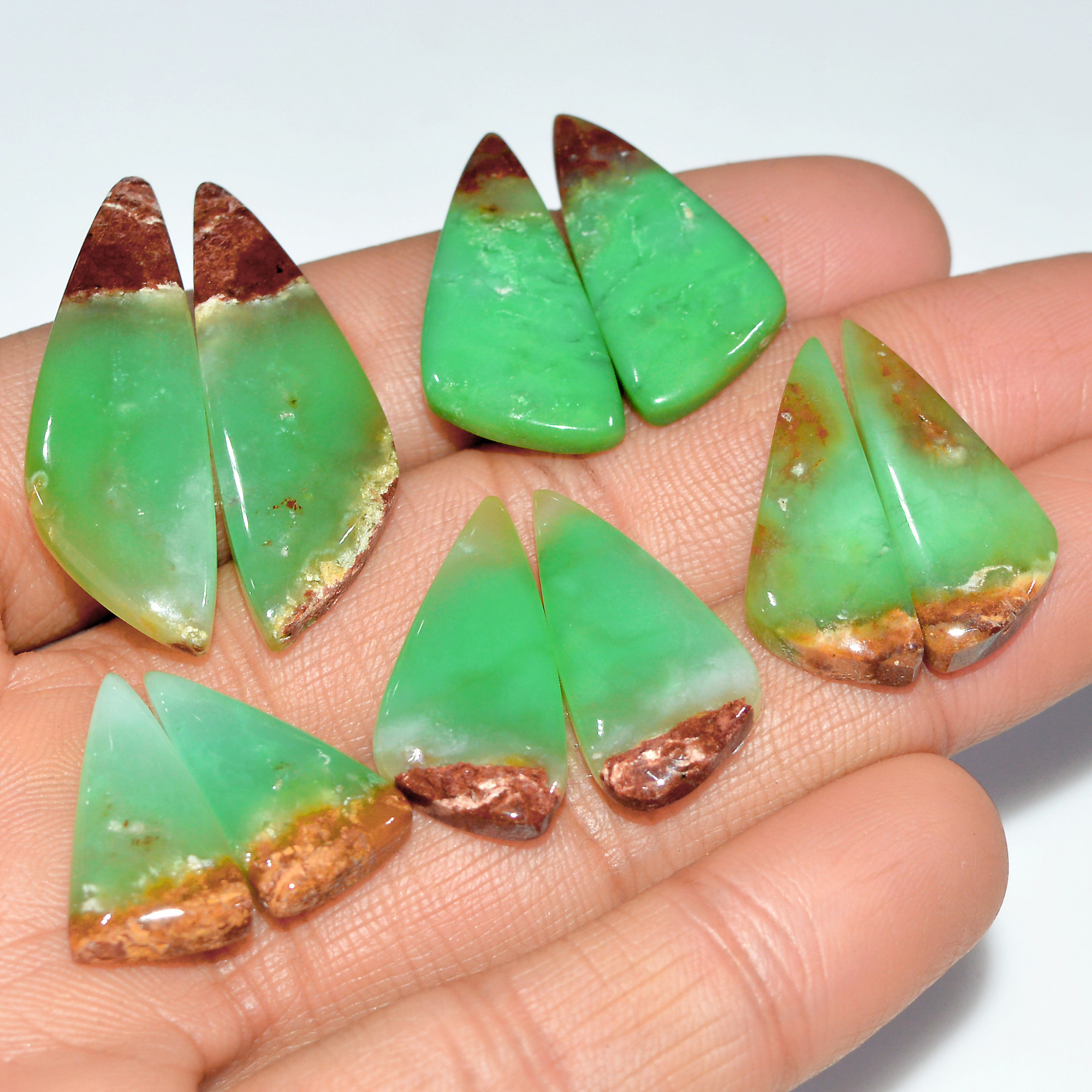 5 Pairs 123 Cts Natural Chrysoprase Cabochon Loose Gemstone Lot Mixed Shapes Sizes Healing Crystal For Jewelry Making 35x10 20x10mm 17531