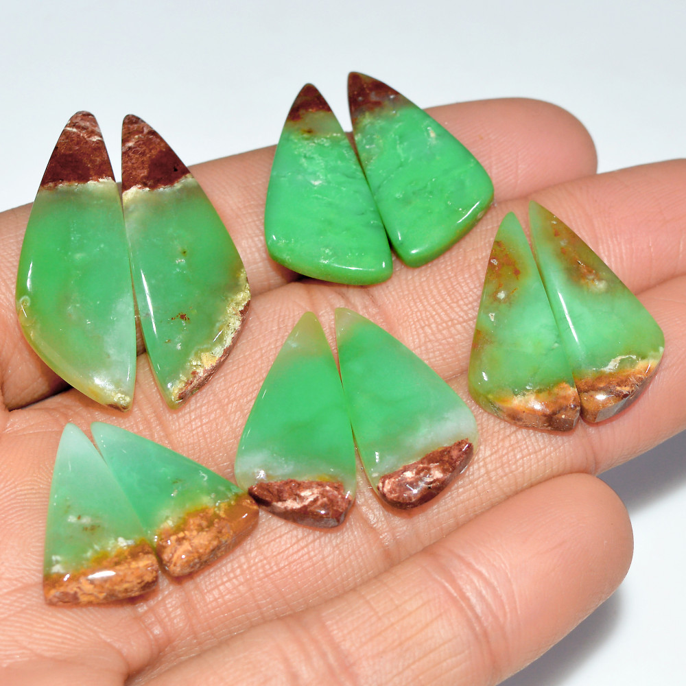 Image of 5 Pairs 123 Cts Natural Chrysoprase Cabochon Loose Gemstone Lot Mixed Shapes Sizes Healing Crystal For Jewelry Making 35x10 20x10mm #17531