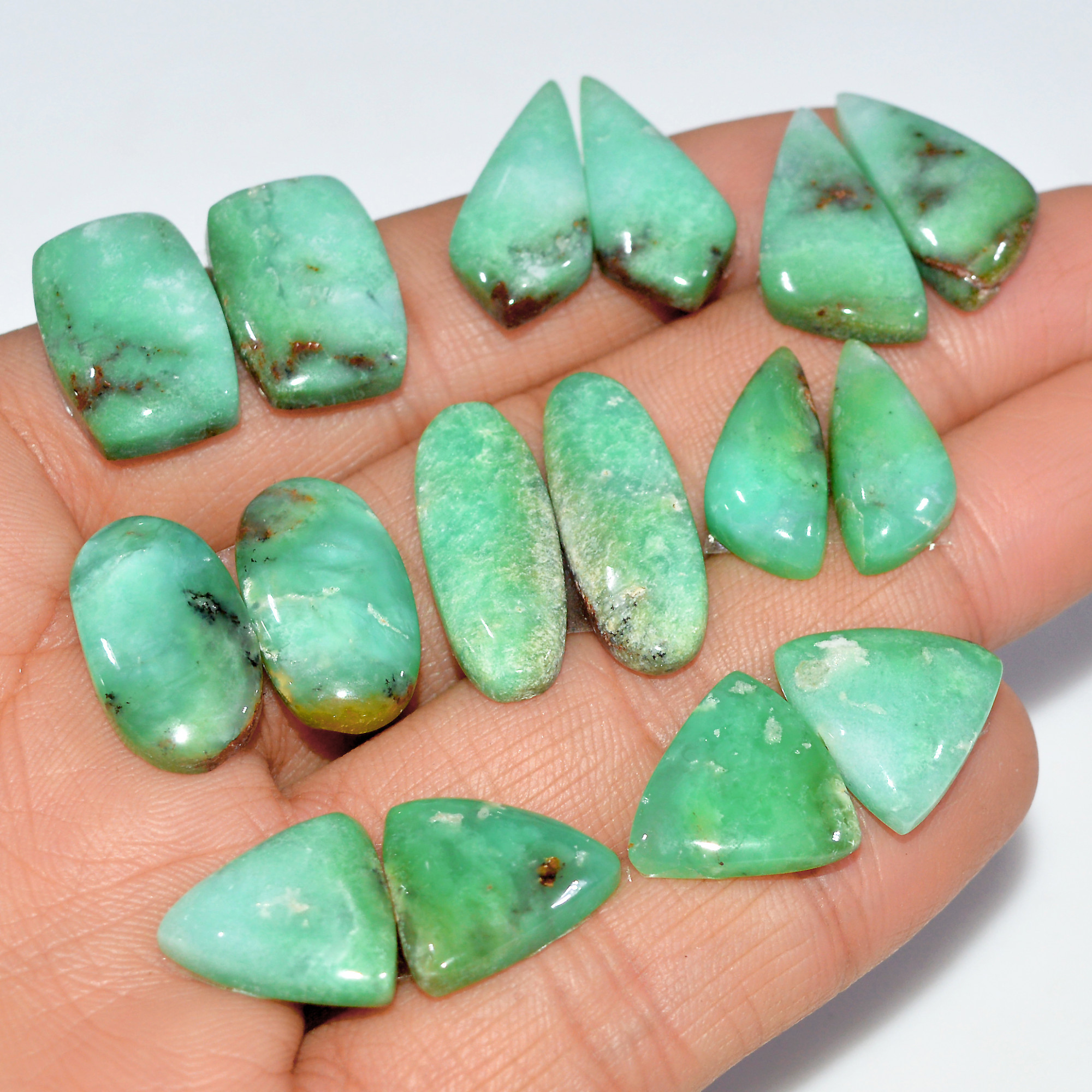 8 Pairs 146 Cts Natural Chrysoprase Cabochon Loose Gemstone Lot Mixed Shapes Sizes Healing Crystal For Jewelry Making 24x9 14x14mm 17532