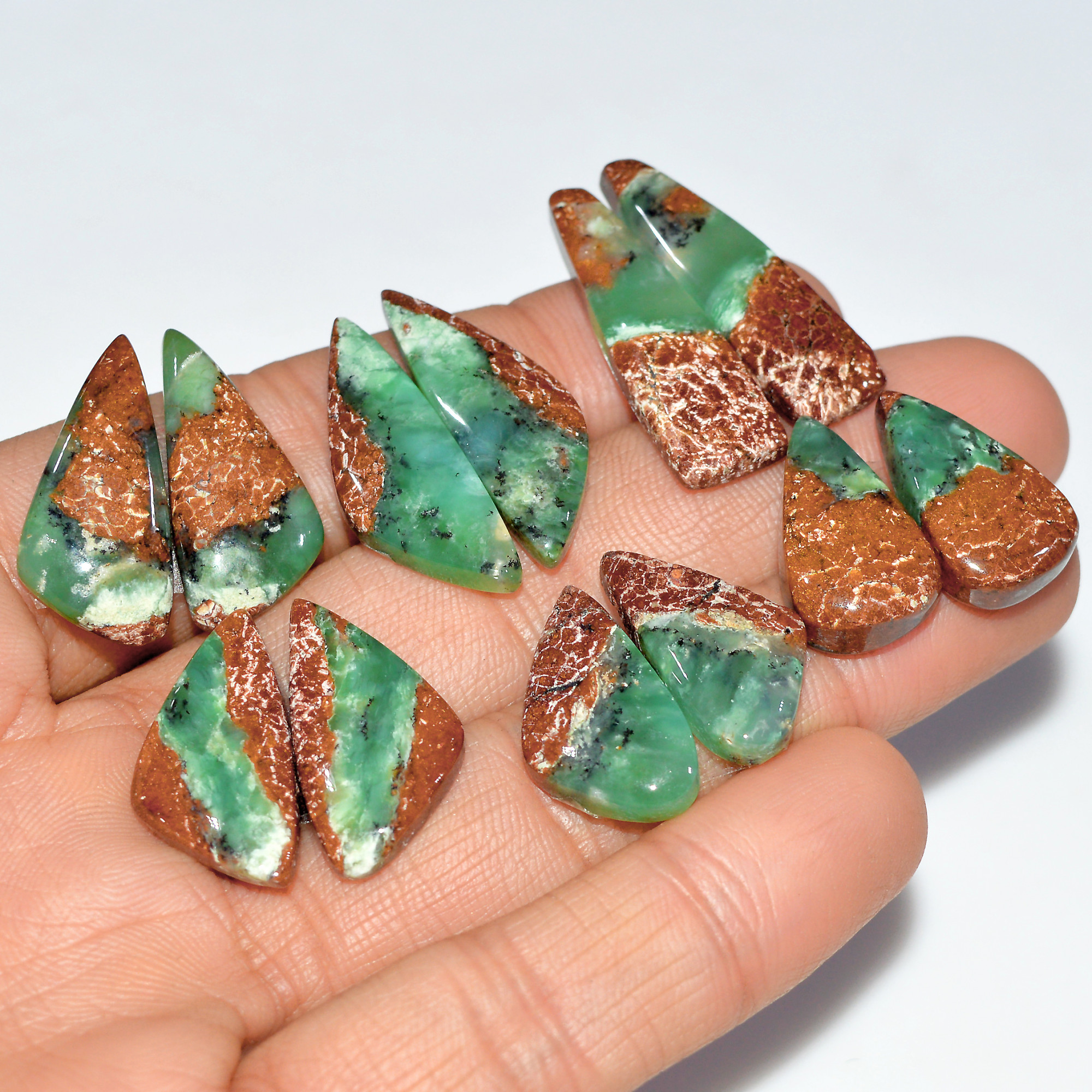 6 Pairs 131 Cts Natural Chrysoprase Cabochon Loose Gemstone Lot Mixed Shapes Sizes Healing Crystal For Jewelry Making 30x8 19x10mm 17534