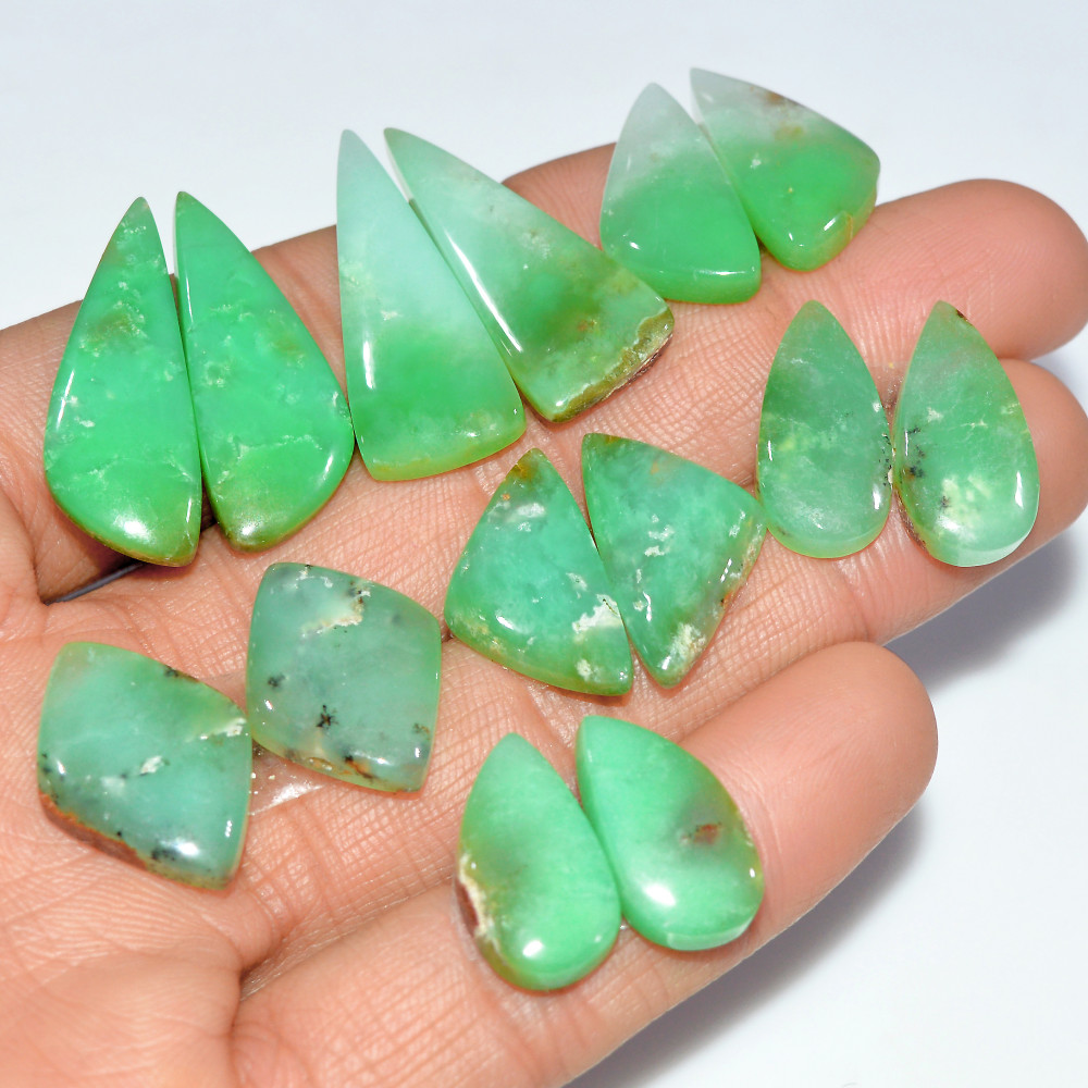 Image of 7 Pairs 156 Cts Natural Chrysoprase Cabochon Loose Gemstone Lot Mixed Shapes Sizes Healing Crystal For Jewelry Making 30x10 17x9mm #17535