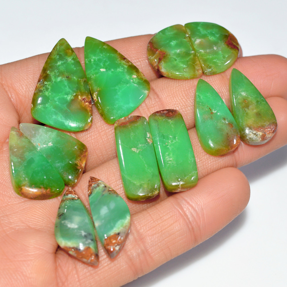 Image of 6 Pairs 158 Cts Natural Chrysoprase Cabochon Loose Gemstone Lot Craft Supplies For Silver Jewelry Making For Women 30x15 23x10mm #17538