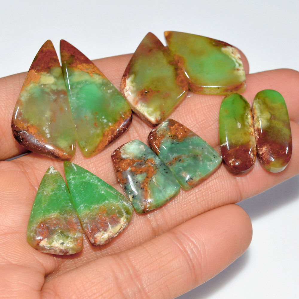 Image of 5 Pairs 150 Cts Natural Chrysoprase Cabochon Loose Gemstone Lot Craft Supplies For Silver Jewelry Making For Women 34x14 19x10mm #17541