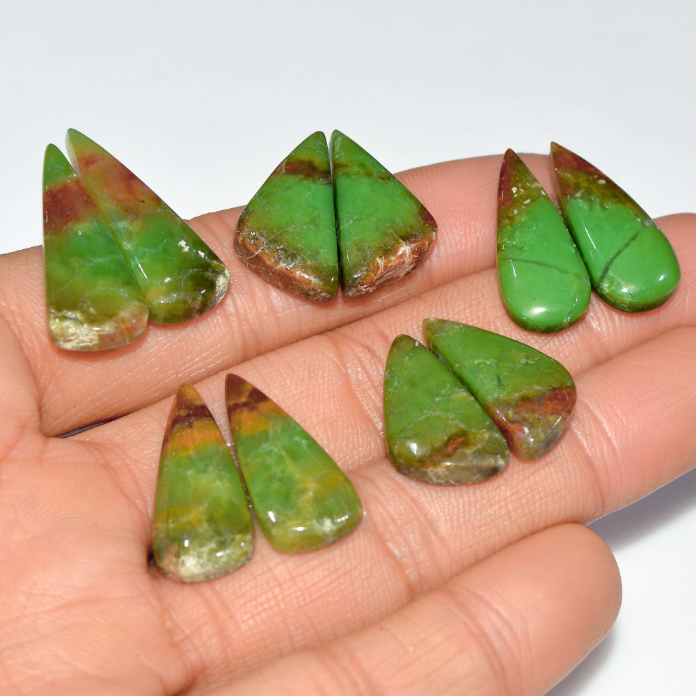 Image of 5 Pairs 96 Cts Natural Chrysoprase Cabochon Loose Gemstone Lot Craft Supplies For Silver Jewelry Making For Women 29x10 20x10mm #17546