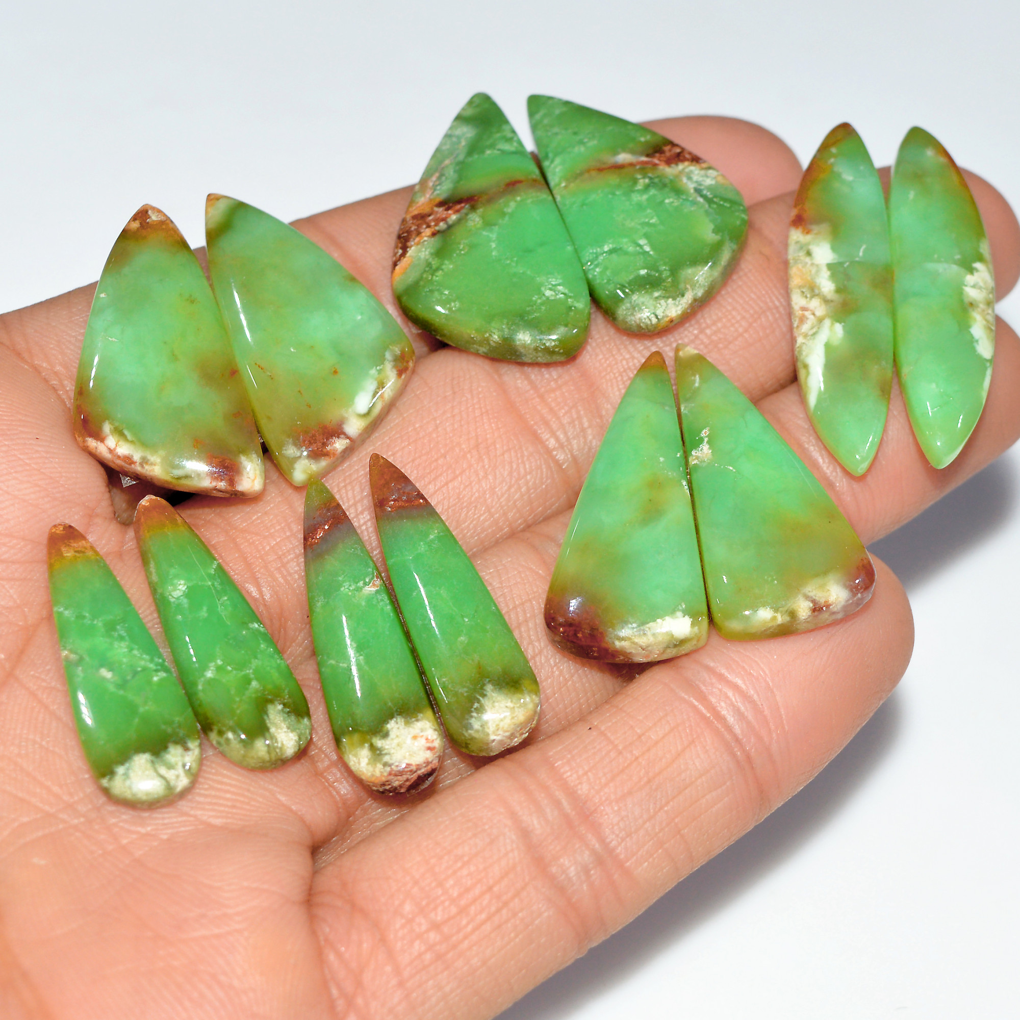6 Pairs 164 Cts Natural Chrysoprase Cabochon Loose Gemstone Lot Craft Supplies For Silver Jewelry Making For Women 35x7 29x14mm 17549