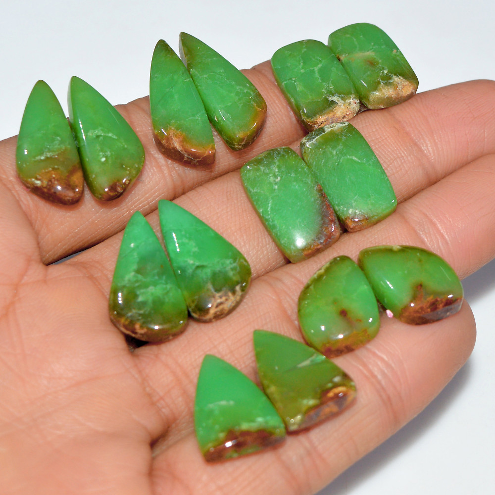 Image of 7 Pairs 128 Cts Natural Chrysoprase Cabochon Loose Gemstone Lot Craft Supplies For Silver Jewelry Making For Women 24x7 17x10mm #17550