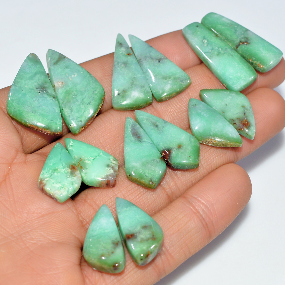 Image of 7 Pairs 162 Cts Natural Chrysoprase Cabochon Loose Gemstone Lot Craft Supplies For Silver Jewelry Making For Women 27x9 20x9mm #17551