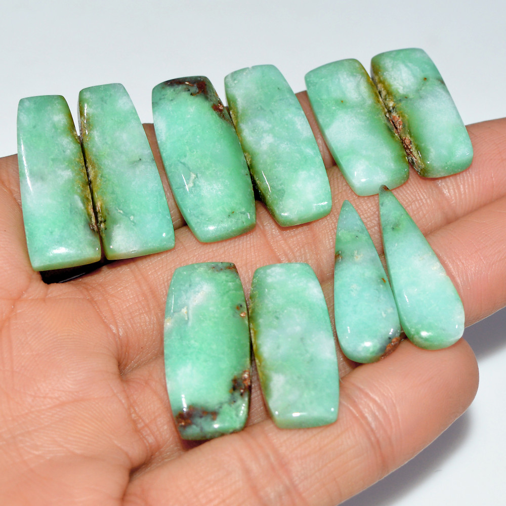 Image of 5 Pairs 162 Cts Natural Chrysoprase Cabochon Loose Gemstone Lot Craft Supplies For Silver Jewelry Making For Women 30x10 25x10mm #17552