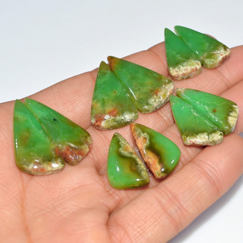 Image of 5 Pairs 130 Cts Natural Chrysoprase Cabochon Loose Gemstone Lot Craft Supplies For Silver Jewelry Making For Women 29x14 22x10mm #17560