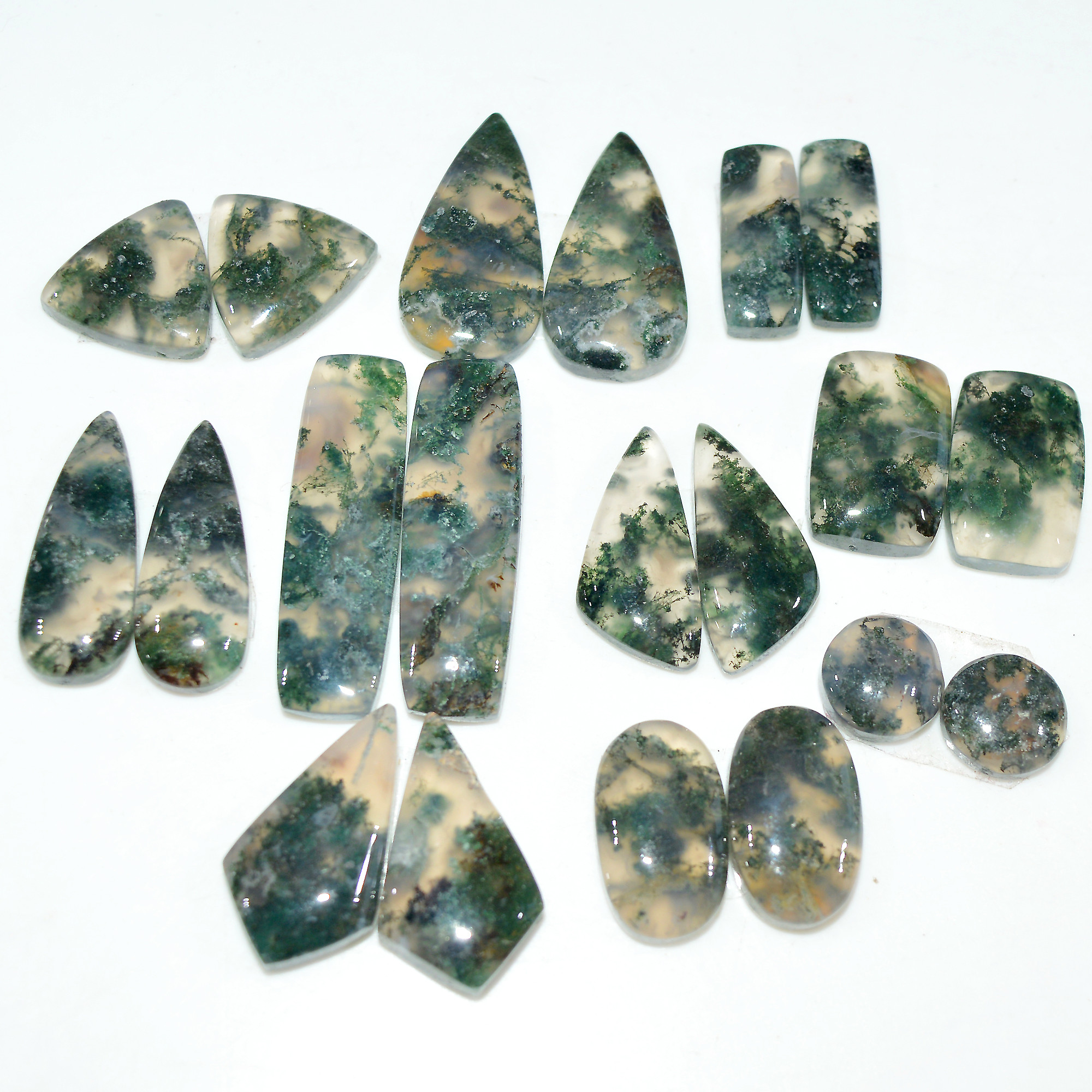 10 Pairs 159 Cts Natural Green Moss Agate Cabochon Gemstone Pair Lot For Silver Jewelry 30x9 16x9mm 30x9 9x9mm 17563