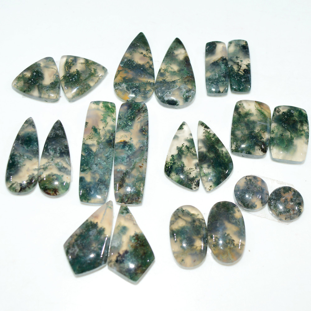 Image of 10 Pairs 159 Cts Natural Green Moss Agate Cabochon Gemstone Pair Lot For Silver Jewelry 30x9 16x9mm 30x9 9x9mm #17563
