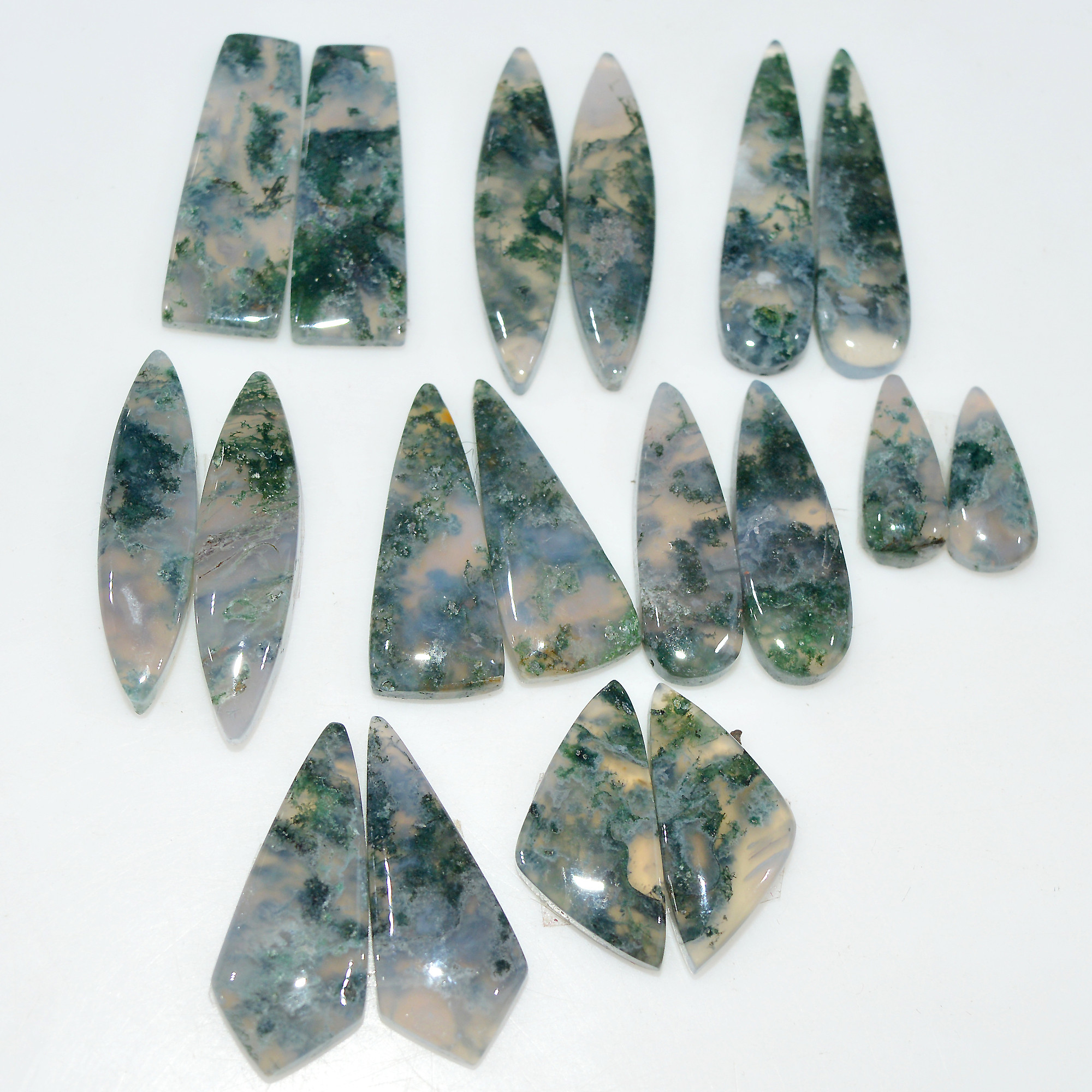 9 Pairs 158 Cts Natural Green Moss Agate Cabochon Gemstone Pair Lot For Silver Jewelry 30x9 16x9mm 30x6 14x5mm 17564