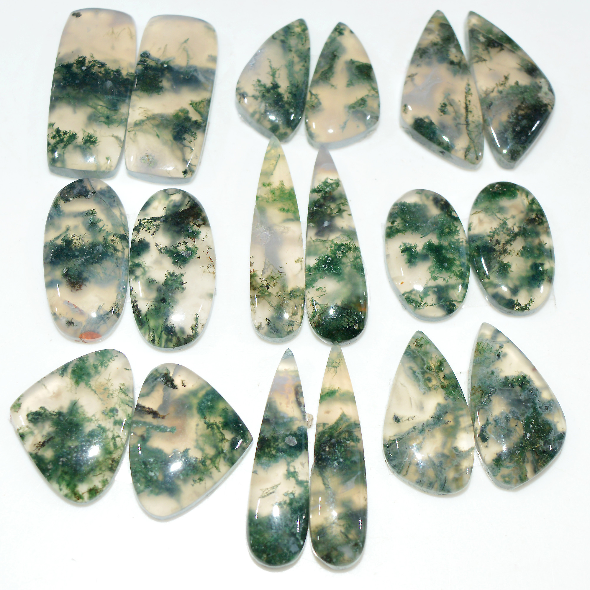 9 Pairs 144 Cts Natural Green Moss Agate Cabochon Gemstone Pair Lot For Silver Jewelry 30x9 16x9mm 25x5 16x7mm 17565