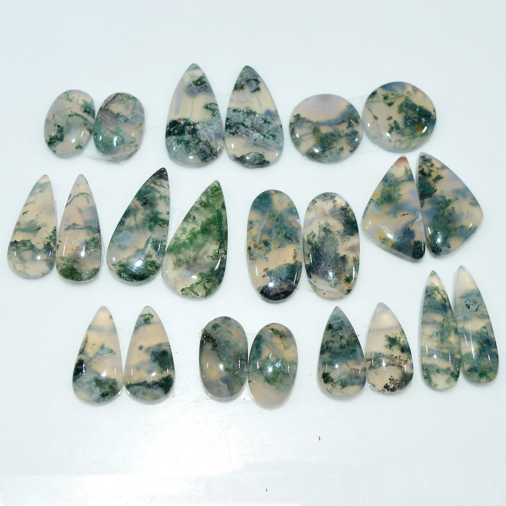 Image of 11 Pairs 147 Cts Natural Green Moss Agate Cabochon Gemstone Pair Lot For Silver Jewelry 30x9 16x9mm 21x10 11x8mm #17566