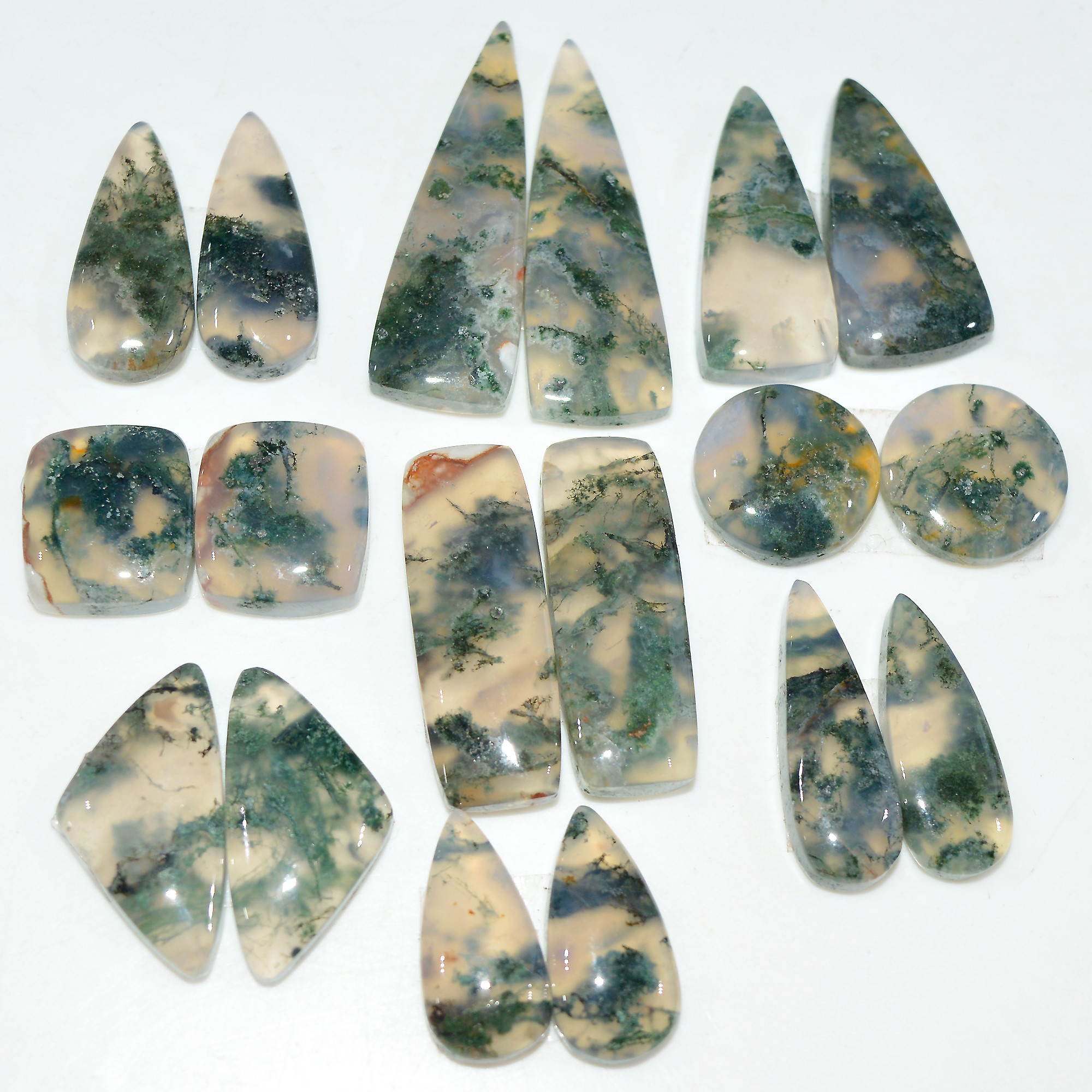 9 Pairs 171 Cts Natural Green Moss Agate Cabochon Gemstone Pair Lot For Silver Jewelry 30x9 16x9mm 31x10 15x7mm 17567
