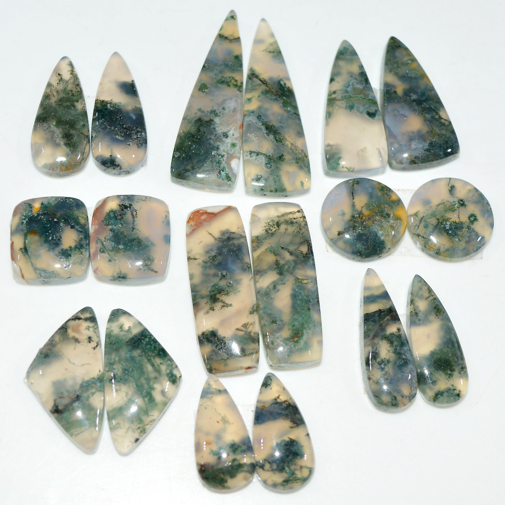 Image of 9 Pairs 171 Cts Natural Green Moss Agate Cabochon Gemstone Pair Lot For Silver Jewelry 30x9 16x9mm 31x10 15x7mm #17567