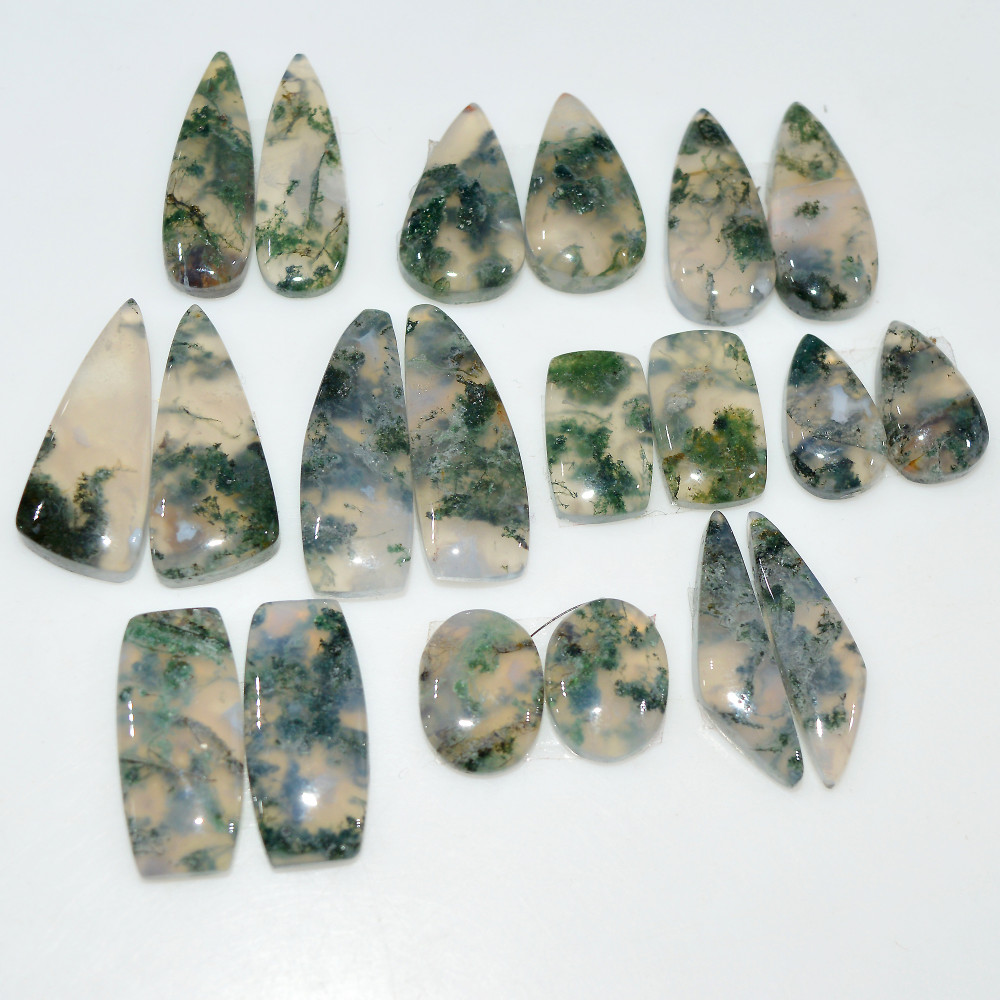Image of 10 Pairs 140 Cts Natural Green Moss Agate Cabochon Gemstone Pair Lot For Silver Jewelry 30x9 16x9mm 25x8 14x7mm #17568